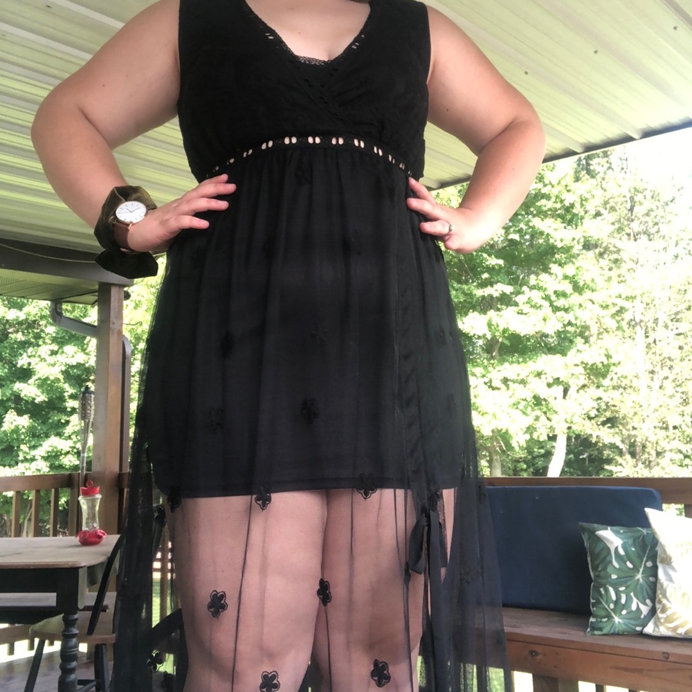 Black formal dress with long floral mesh bottom